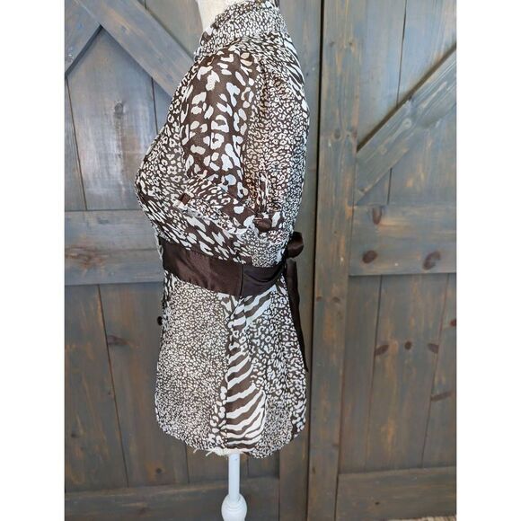 Cotton Express Blouse Top Women's Medium Babydoll Sheer Brown Animal Pri… - Picture 2 of 9